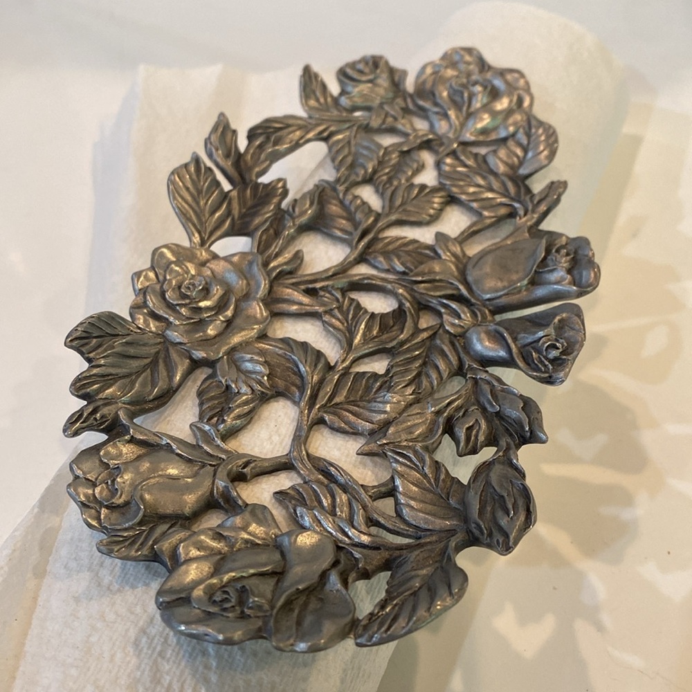 Seagull Pewter of Canada signed & Handcrafted Rose Floral Trivet 8”x4” 1996 VGUC